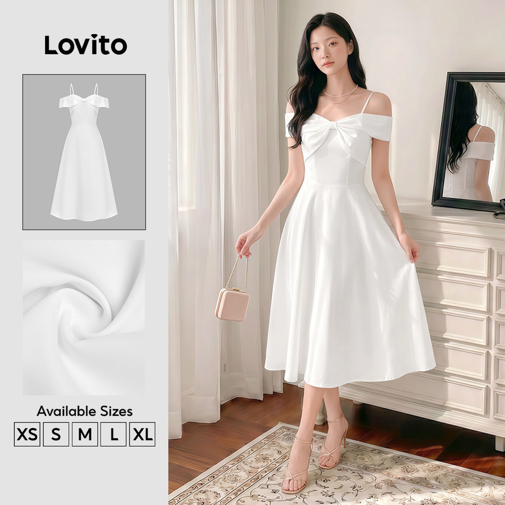 Lovito สง่างาม เดรสผู้หญิงสีขาวสําหรับฤดูใบไม้ผลิ/ฤดูร้อน ดีไซน์จับจีบ ซิปหลัง เหมาะสําหรับใส่ออกงาน/งานแต่ง/เพื่อนเจ้าสาว L177ED239