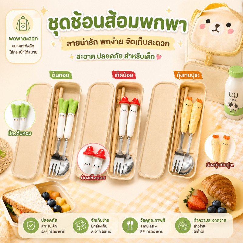 ช้อนส้อม พกพา ชุดช้อนส้อม ช้อนส้อม ช้อนส้อมน่ารัก 3 ใน 1 ลายการ์ตูนน่ารัก นักเรียน