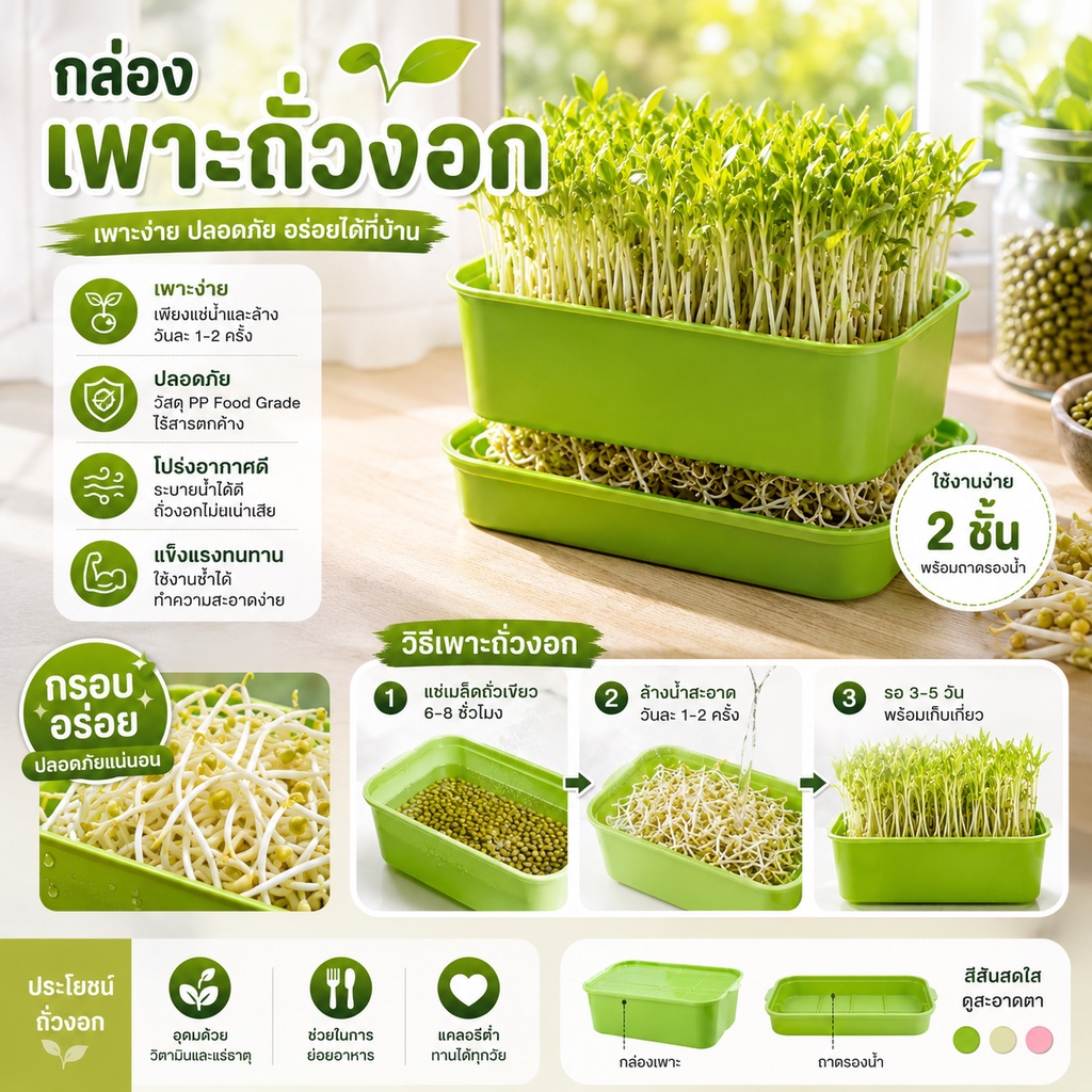 กล่องเพาะถั่วงอก ถาดเพาะต้นอ่อน ไม่ต้องใช้ดิน นำกลับมาใช้ใหม่ได้ #AB-0014