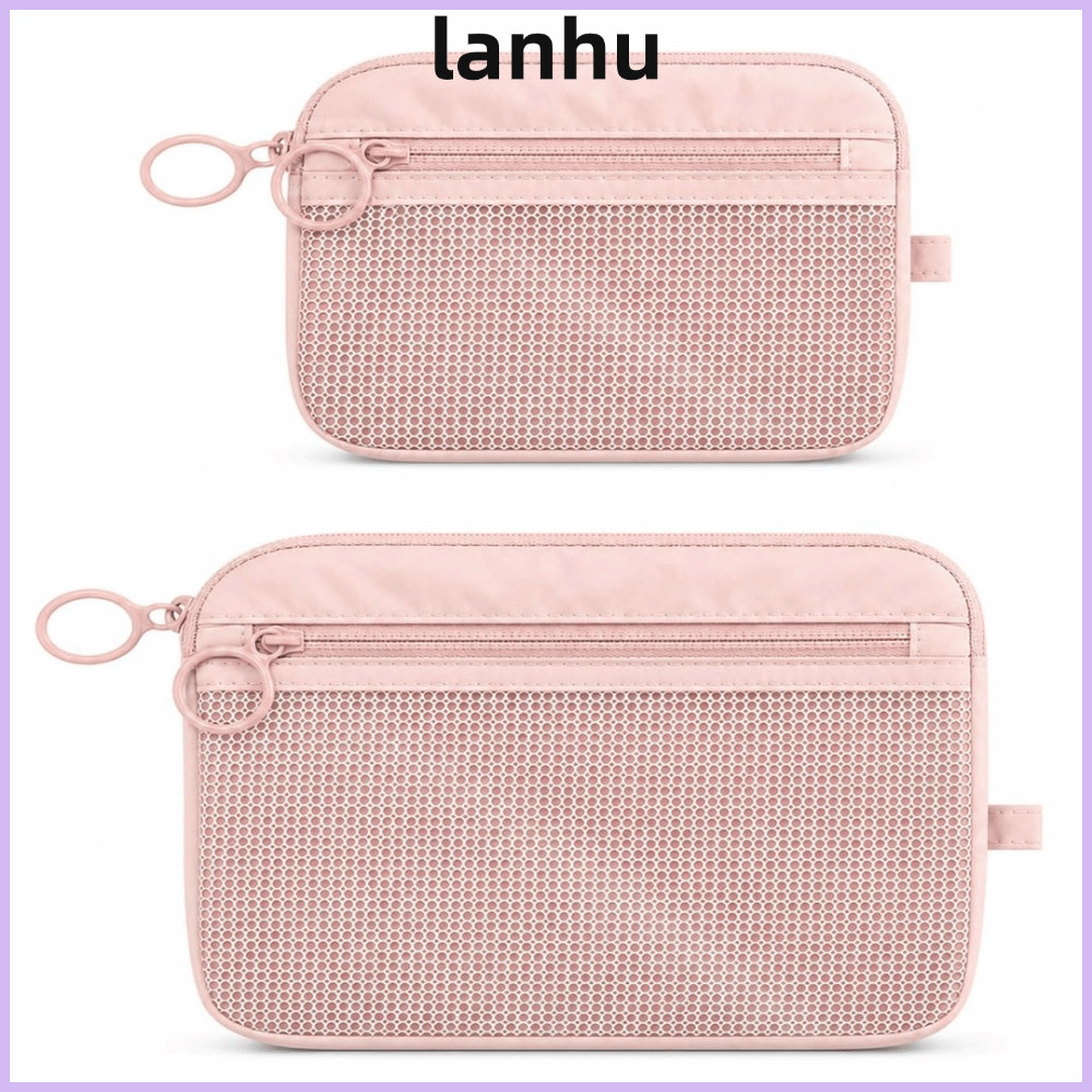 LANHU Travel Organizer,Double Layer Pink Mesh Storage Pouch, Zipper Portable Nylon Cosmetic Bag for 