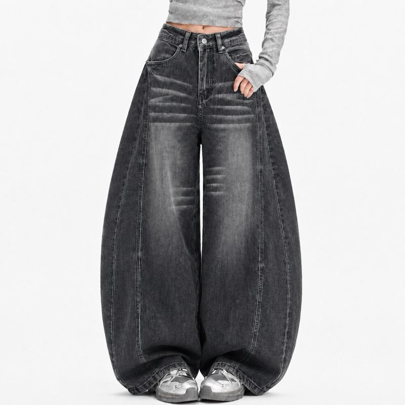 JINJEANS-732 LUNA Barrel | (XS-6XL) กางเกงยีนส์ทรงบาเรล baggy กางเกงสาวอวบ Unisex สีเทาเข้ม