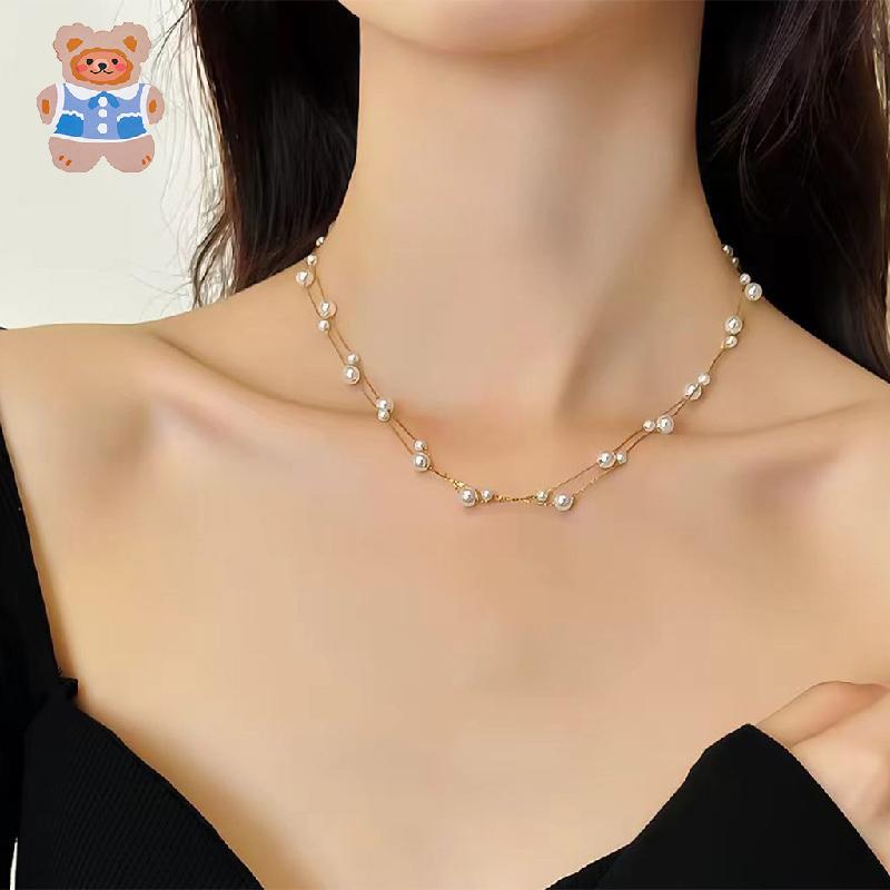 【CRD】ceblue-Double Layer Delicate Pearl Chain สร้อยคอChokerสําหรับผู้หญิงกันน้ําNon Tarnishไทเทเนียม