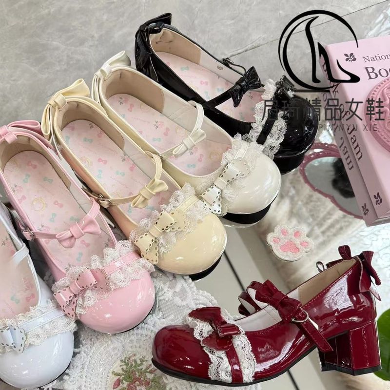大码20* 2541-42新款Lolita圆头Lo鞋优雅蝴蝶结中跟单鞋Lolita Sweet Bow Super Soft Low Heel Butterfly Cute Lolita Shoes 