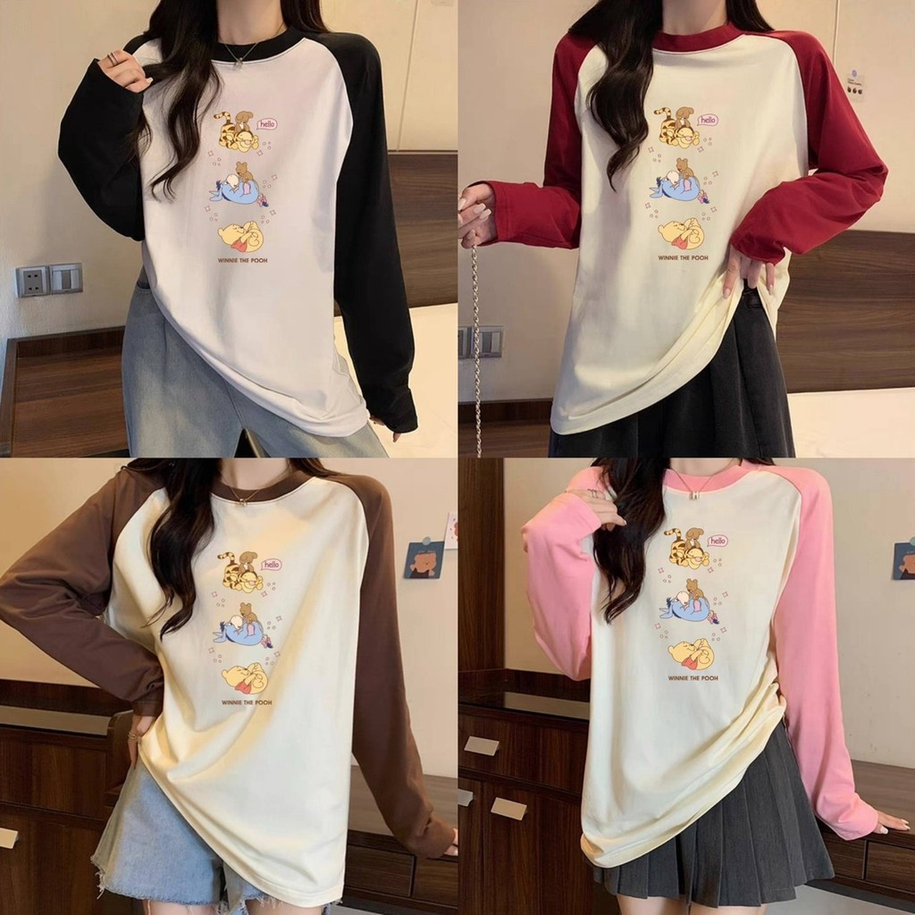 MKL เสื้อยืดแขนยาว คอกลม ทรงหลวมขนาดใหญ่ สีพื้น พิมพ์ลายการ์ตูนน่ารัก แฟชั่นฤดูใบไม้ผลิและฤดูใบไม้ร่วง #B009-2