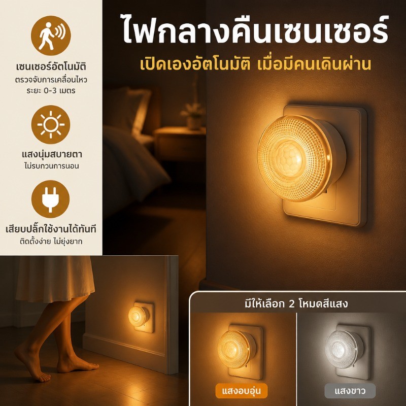 โคมไฟกลางคืนเสียบปลั๊ก เซนเซอร์อัตโนมัติแสงนุ่ม ติดทางเดิน ห้องนอน