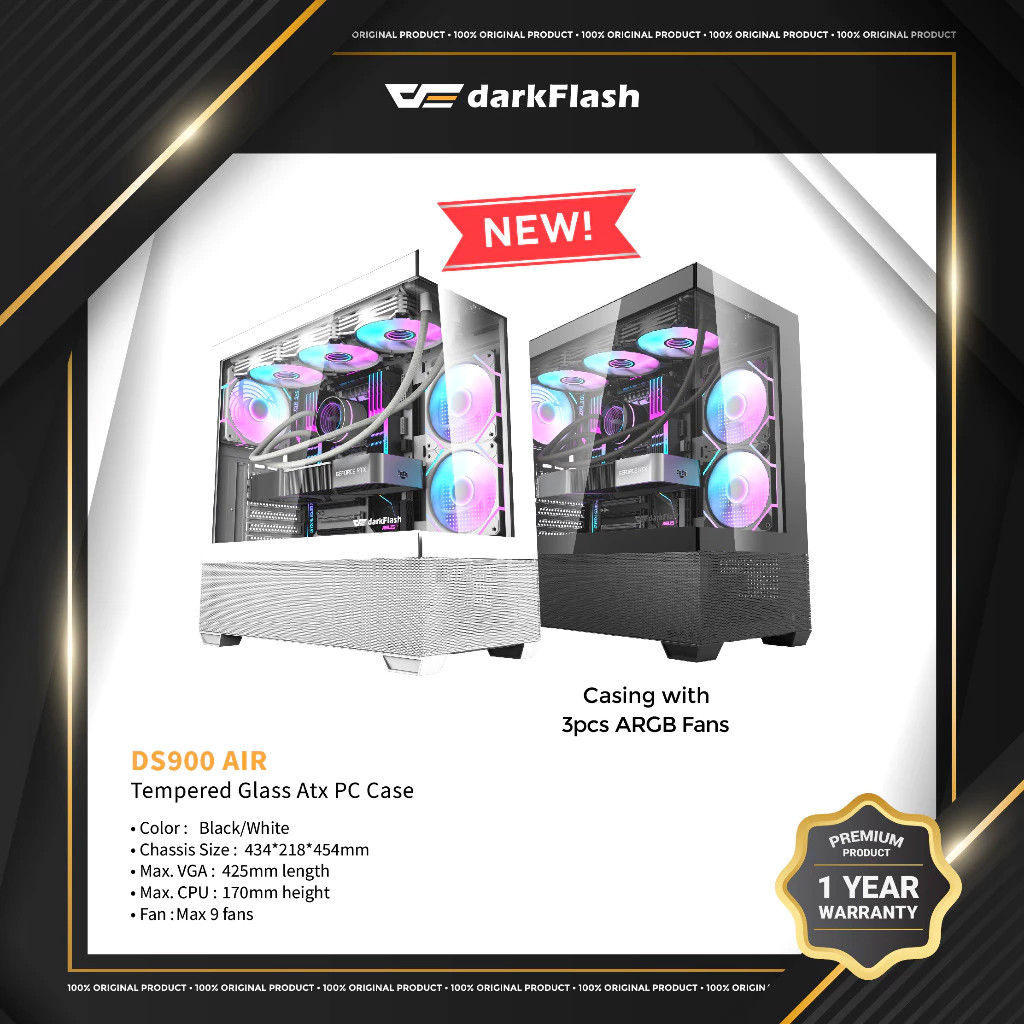 DarkFlash DS900 Air ATX Gaming Casing (พร้อมพัดลม darkFlash CL6 ARGB 3 ชิ้น) Black & White