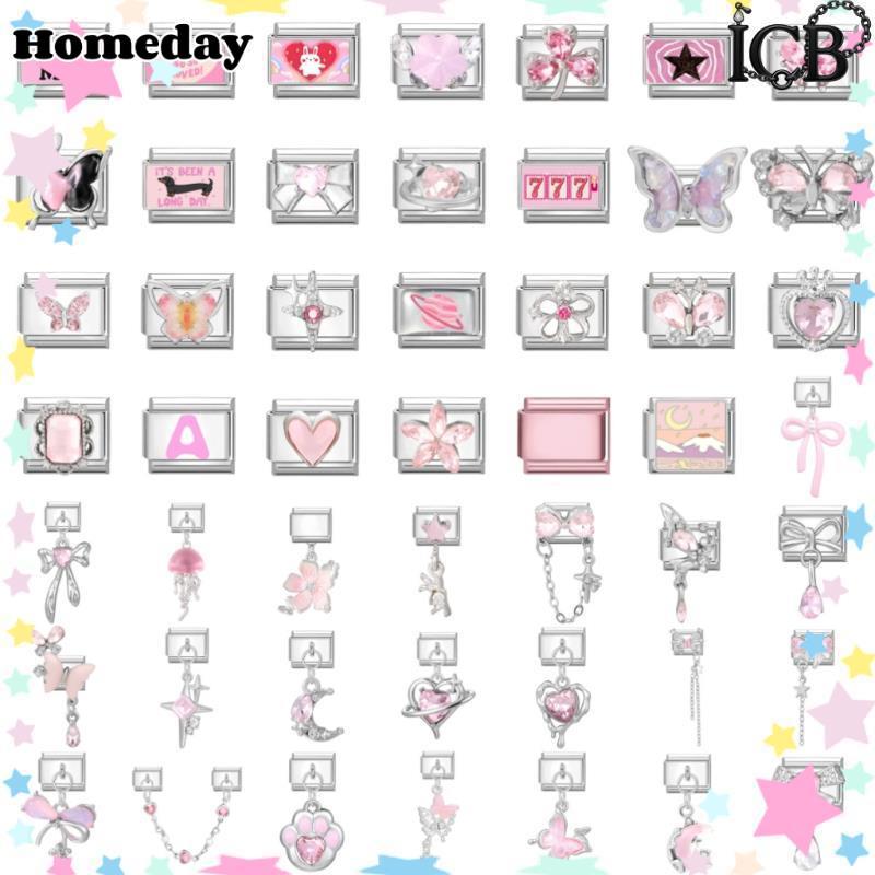 ดอกไม้สีชมพูอิตาเลี่ยน Charm สร้อยข้อมือสร้อยข้อมือสแตนเลสเครื่องประดับทําอุปกรณ์เสริม DIY Retro บุคลิกภาพโมดูลสร้อยข้อมือ