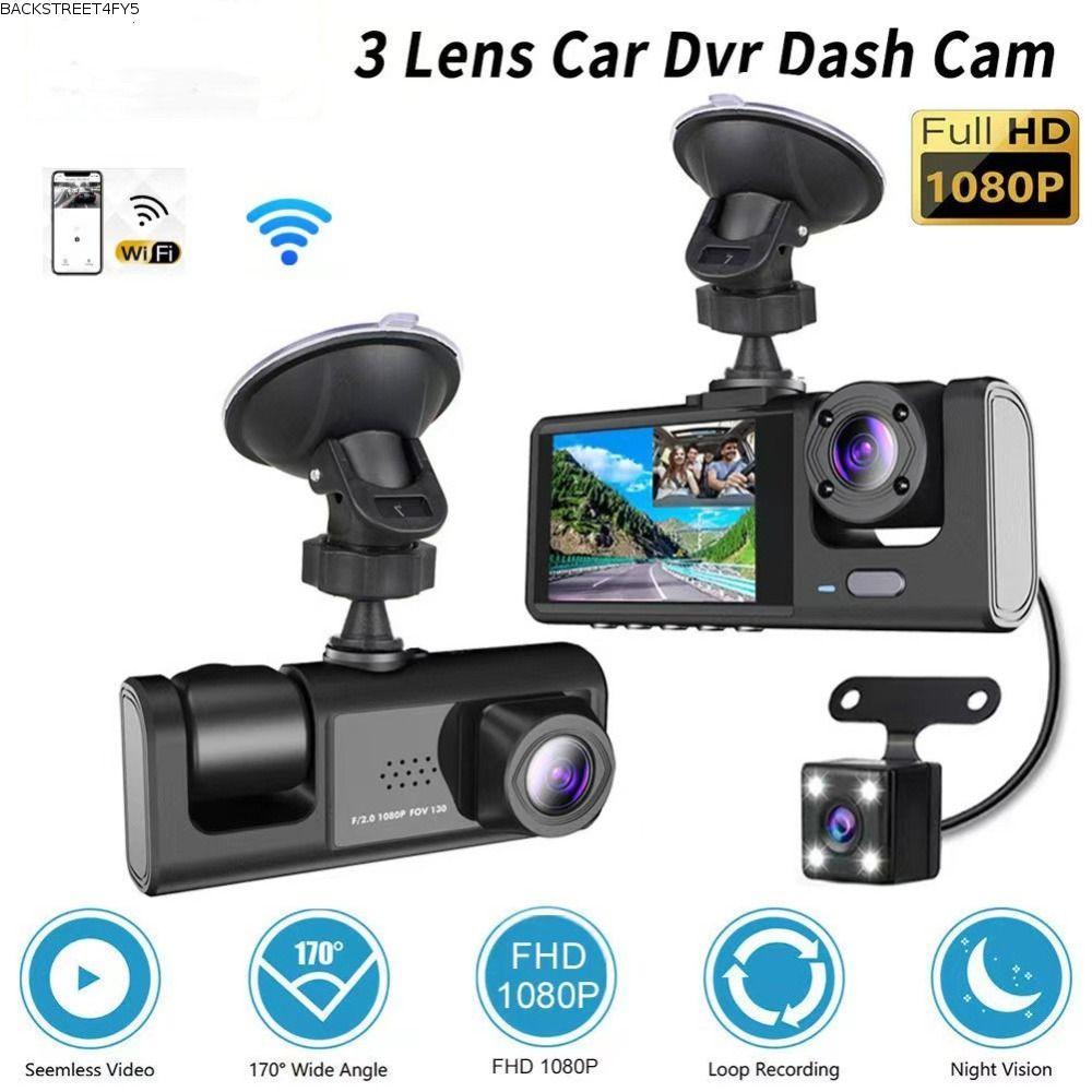 BACKSTAGEEET4FC3 Vehicle Recorder บันทึกเสียง HD 360° ดูรถ DVR, IR Night Vision 3 ช่อง APP ควบคุมรถ 
