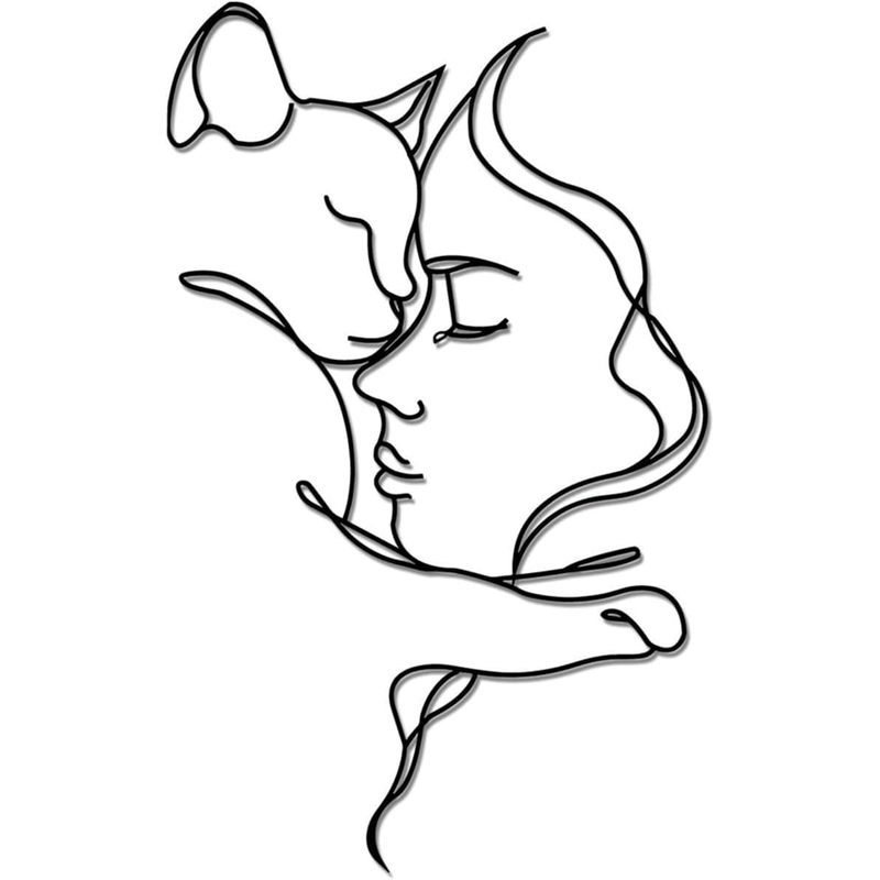 โลหะแมว Wall Art Decor Minimalist สาวและแมวโลหะ Wall Decor, ผู้หญิงและแมว Wall Art, Line Art Cat Dec