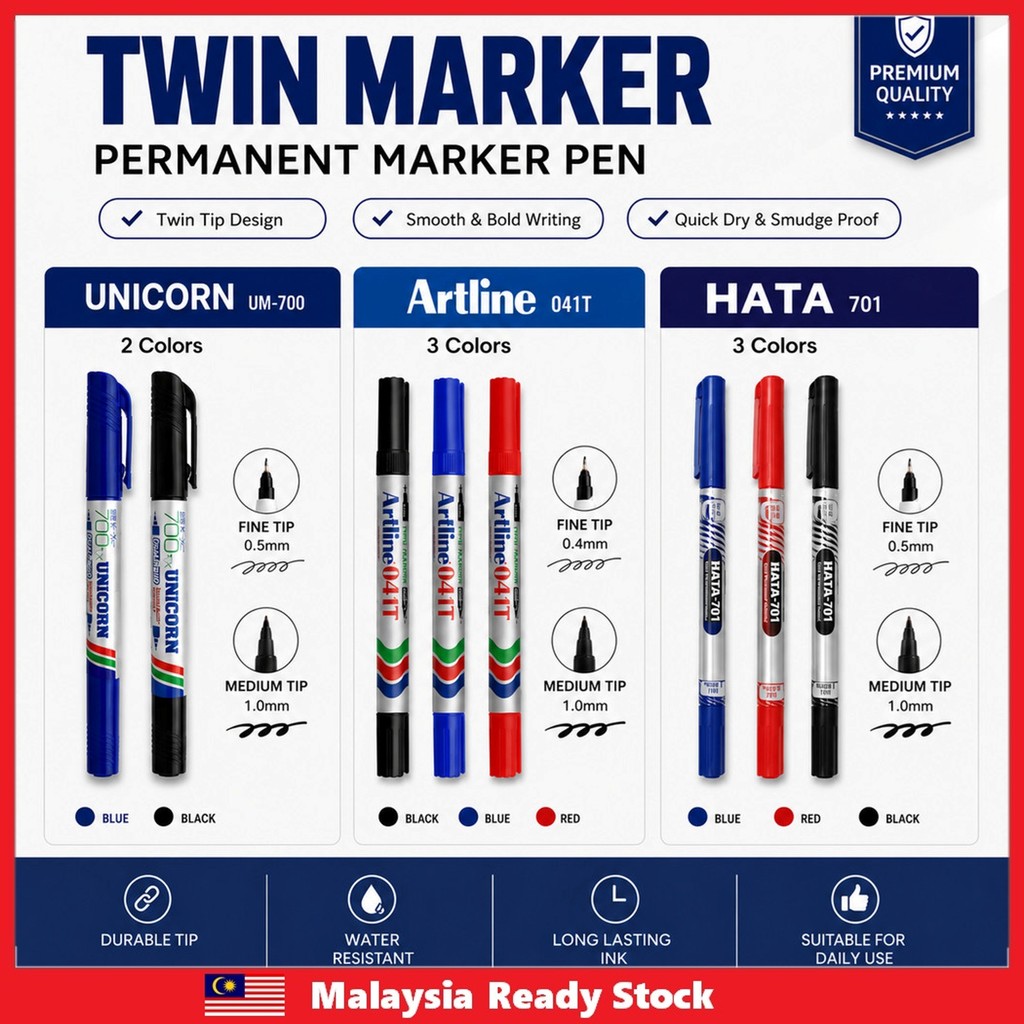 Hata701/ Unicorn 700XT / Artline 041T Twin Tip Permanent Marker 0.5mm & 1.0mm (สีดํา/น้ําเงิน/แดง)