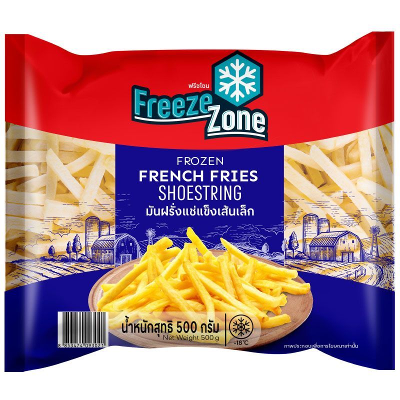 ฟรีซโซนมันฝรั่งเส้นเล็กชูสตริงแช่แข็ง 500กรัม Freeze Zone Frozen Shoestring French Fries 500g.