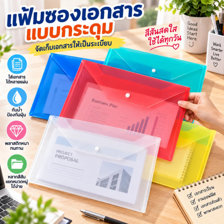 ถุงเอกสาร A4 พลาสติกใส หนาเกรดพรีเมียม กันน้ำ กันชื้น ทนทาน ปุ่มกด แพ็ค 10 ชิ้น จุใหญ่ ใส่กระดาษได้ 150 แผ่น
