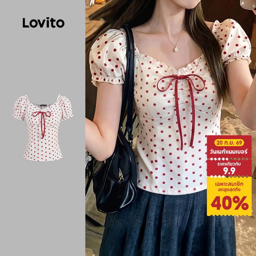 Lovito เสื้อเบลาส์ลําลองผูกเชือก เรียบง่าย สําหรับฤดูใบไม้ผลิ/ฤดูร้อน BLK8P2D903