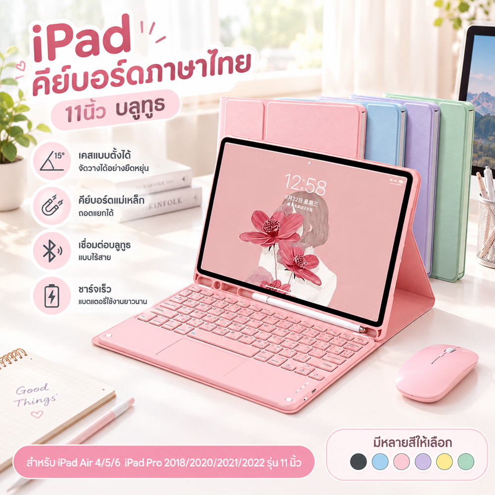 เคสไอแพดพร้อมแป้นพิมพ์ คีย์บอร์ดแม่เหล็กมีช่องปากกา คีย์บอร์ดทัชแพดบลูทูธแป้นพิมพ์ไทย สำหรับรุ่น Air4/5/6/Pro2018-2022