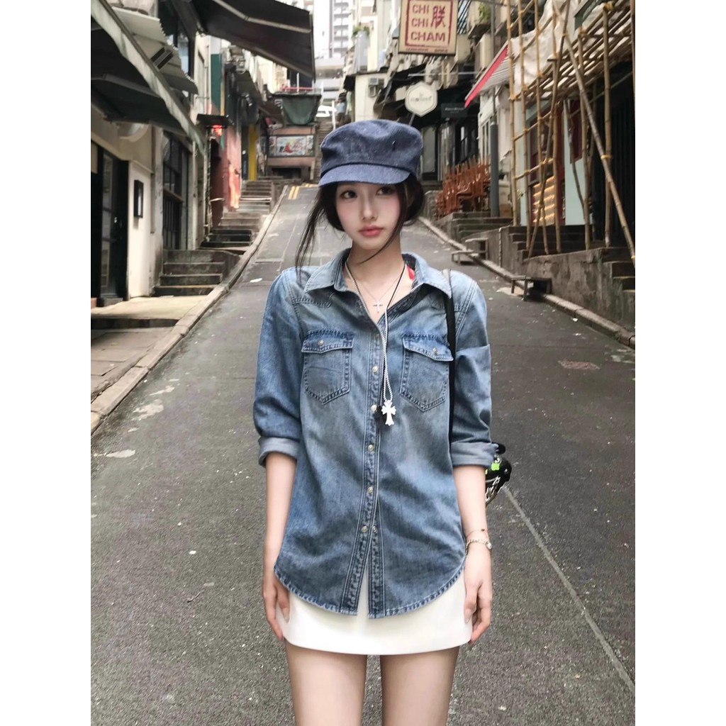 แจ็คเก็ตยีนส์แขนยาวสไตล์ฮ่องกงเรโทร ดีไซน์หลวม สวมใส่ได้ทุกวันสำหรับหญิง