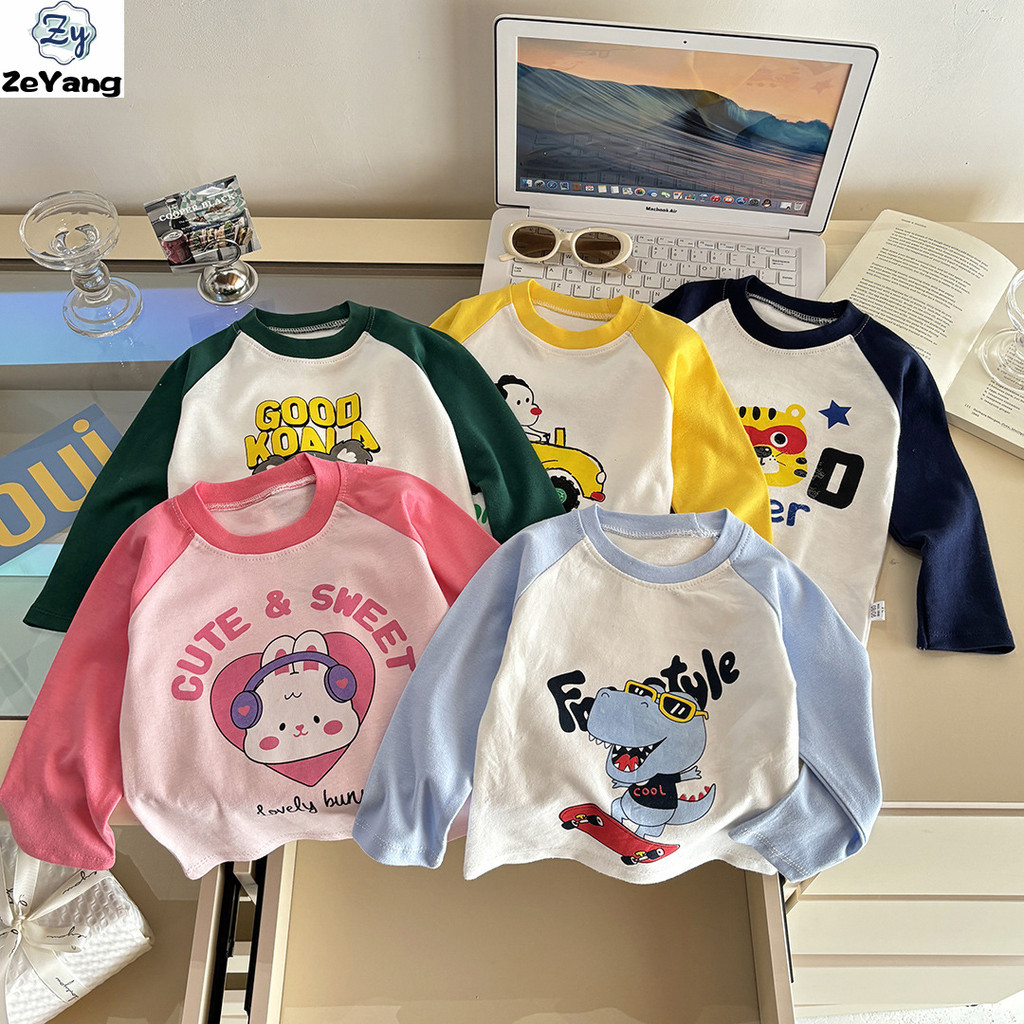 เสื้อยืดแขนยาวสำหรับเด็ก ไซز 60-140cm ผ้าฝ้ายแท้ สไตล์การ์ตูน ใส่ได้ทุกโอกาส เหมาะสำหรับฤดูใบไม้ร่วงและฤดูหนาว