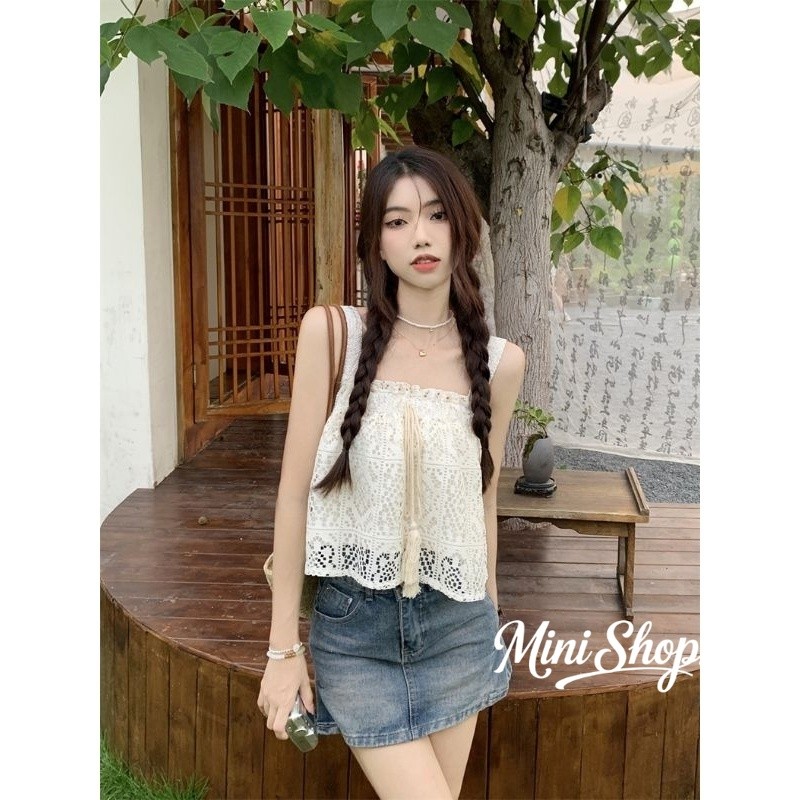 Mini shop🌸พร้อมส่ง🌸เสื้อกล้ามถักไหมพรม สไตล์เกาหลีลายลูกไม้ -C(61622) รูปที่ 2
