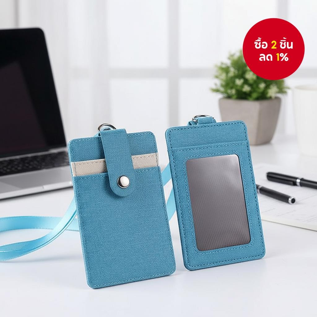 ที่ใส่บัตร ID 3 ช่องหนัง PU พร้อมสายคล้องคอและที่ใส่บัตรนามบัตร
