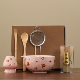 ชุดมัทฉะเซรามิกหมีวาดด้วยมือญี่ปุ่น 6 ชิ้น - ชามพวย, ขาตั้งเ…