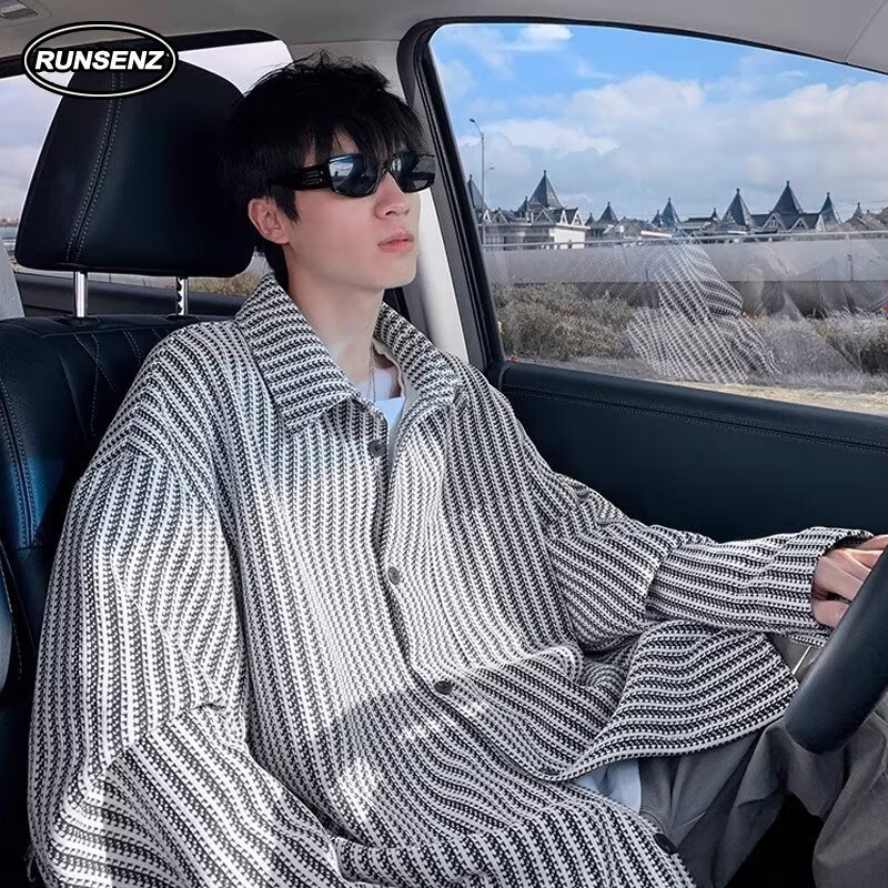 ม-3เอ็กแอล ญี่ปุ่นลายเสื้อเชิ้ตแขนยาวผู้ชายหลวมสบายๆด้านบนขนาดใหญ่