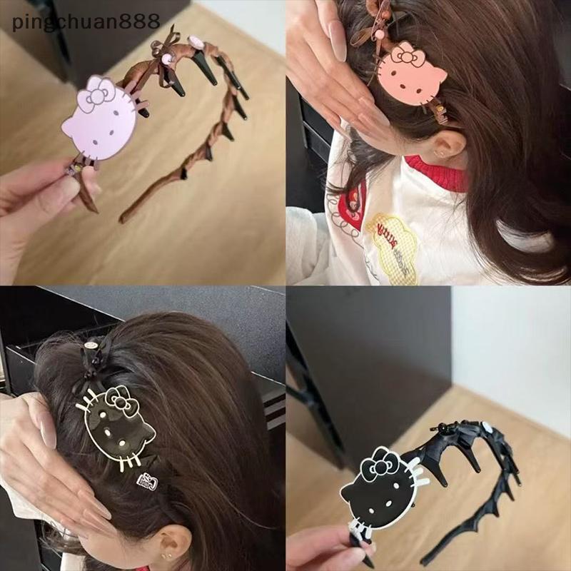 Pingchuan888 Kawaii Hello Kitty ผม Hoop การ์ตูน KT แมวหวาน Vintage Hello Kitty ผมสําหรับหญิงอุปกรณ์เ