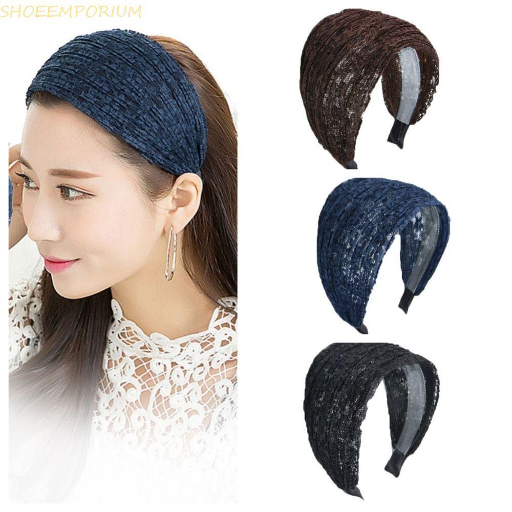 SHOEEMPORIUM ลูกไม้ตาข่ายผมวง, ดอกไม้ลูกไม้แถบคาดศีรษะกว้าง, ง่ายผม Hoop Headwear กว้างด้านข้าง Headbands สําหรับผู้หญิง Mom