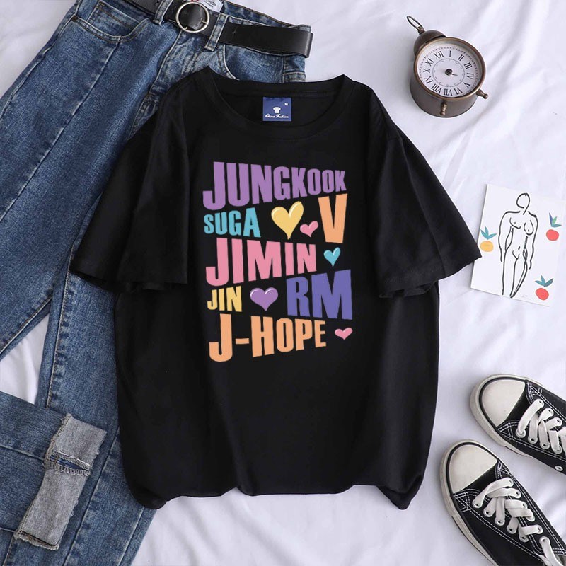 เสื้อยืด Bts Jimin Jin V Jungkook Jhope Suga Rm Short Sleeve Top Summer Round Neck Cotton ShirtS-5XL