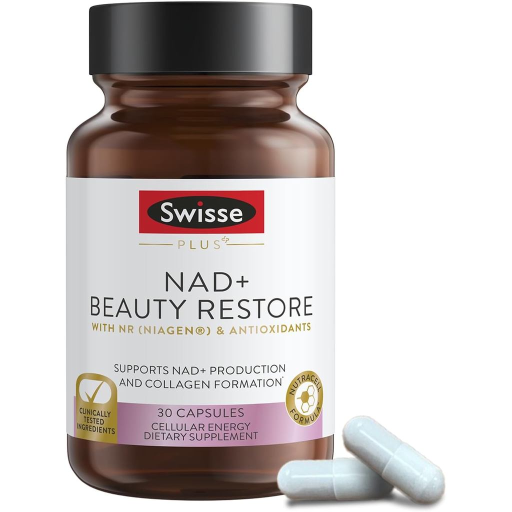 Swisse Plus NAD+ บิวตี้ รีสโตร์ | ส่วนผสมทางทดสอบทางคลินิก | NAD+ อาหารเสริมสําหรับผู้ชายและผู้หญิง 