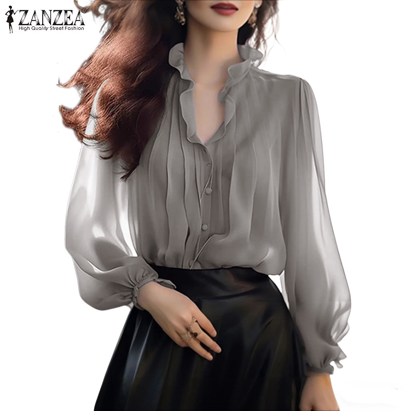 ZANZEA ผู้หญิงเกาหลีแฟชั่น V คอเปิดปุ่มแขนยาวสีทึบจีบ Neckline Ruffle Top เสื้อ