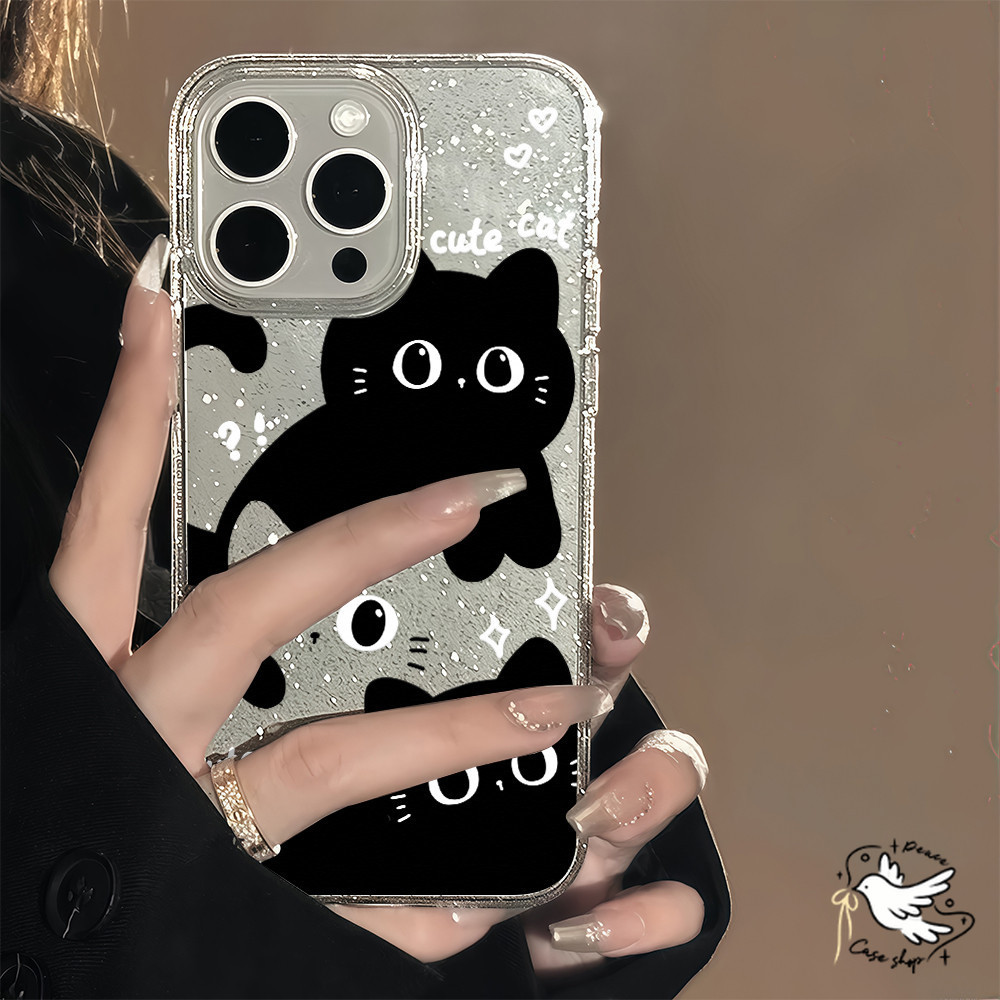 COD-ในไทย💥เคส For iPhone 13 11 Pro Max เคสใสแบบแวววาว นุ่มสีสันสดใส แมวดำที่น่ารัก For iPhone16 15 14 13 12 Pro max Plus