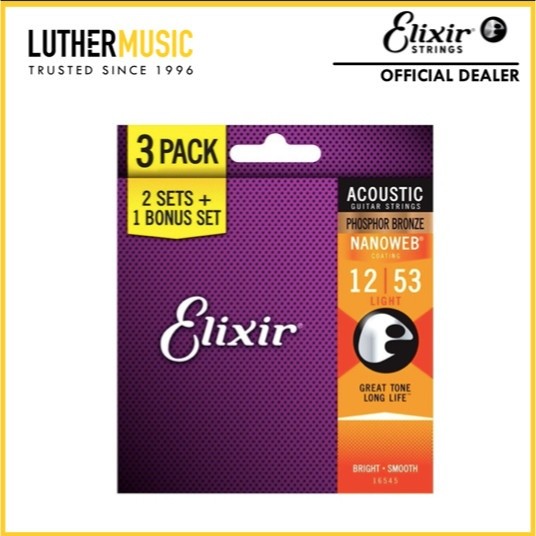 [OFFICIAL DEALER] Elixir 16545 Nanoweb Phosphor Bronze Acoustic Guitar Strings Light 1253 3Pack