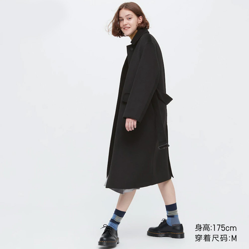 Uniqlo [สไตล์การบริจาค] เสื้อโค้ทผูกเชือกทําด้วยผ้าขนสัตว์สองด้านของผู้หญิง JWA (เสื้อโค้ทยาว)452378