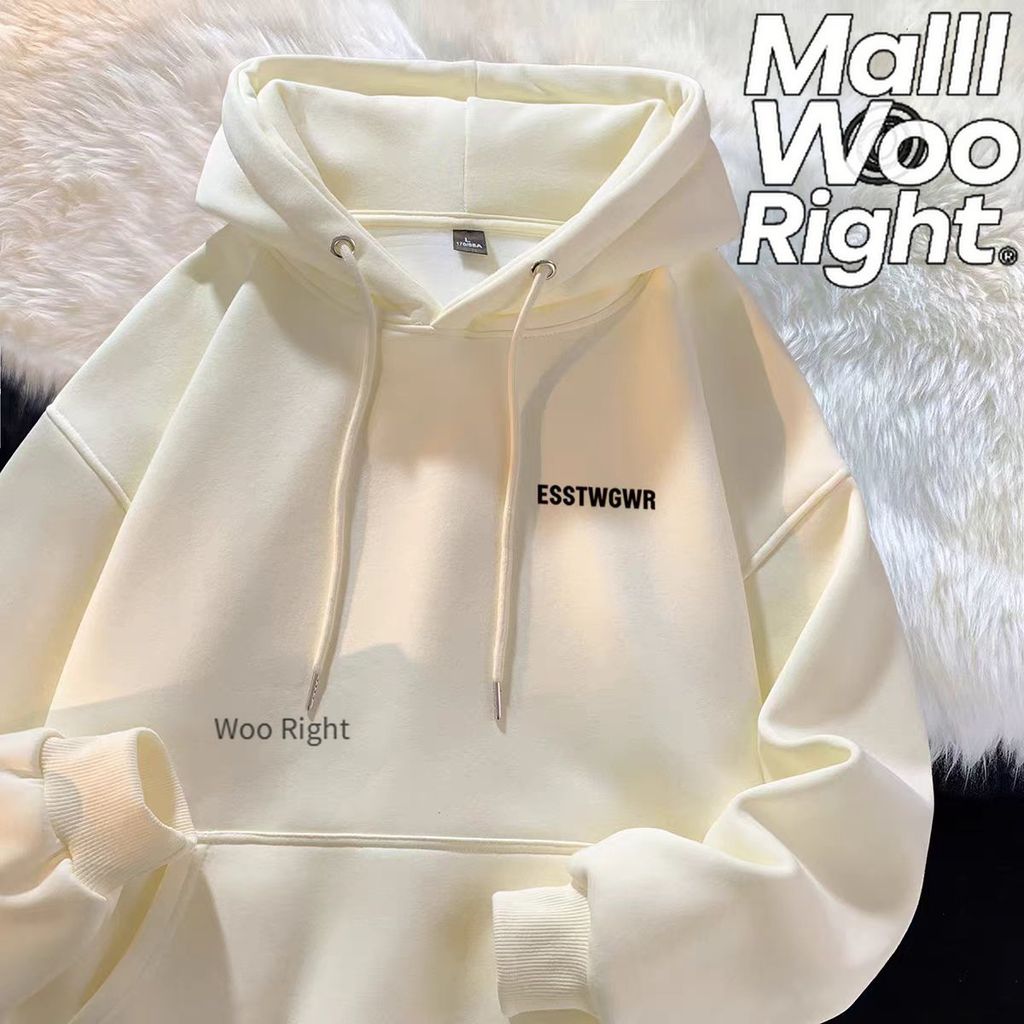 จัดส่งตลอด 24 ชั่วโมง Woo Right เสื้อ ตัวพ่อ! ชาย Oversize คอกลม เสื้อแขนยาวมีหมวก สีล้วน COD ไม่ต้องรอนาน