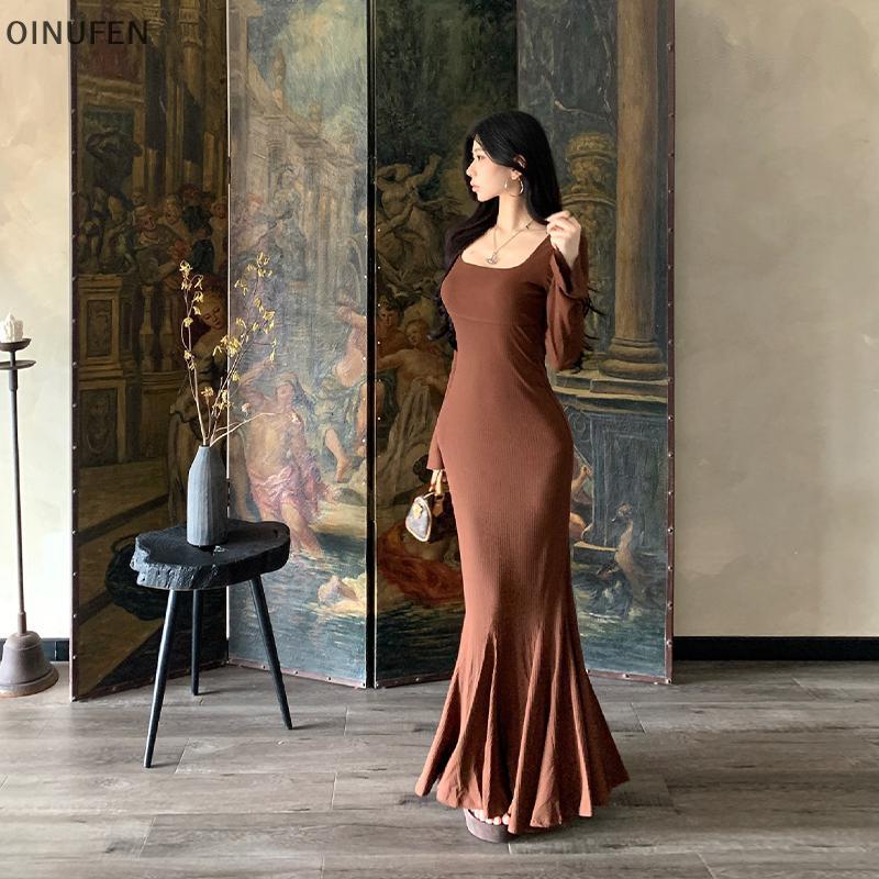 ONU Pure Desire ชุดเดรสคอยูเซ็กซี่ผู้หญิงต้นฤดูใบไม้ร่วงแขนยาวชุดหางปลา FEI