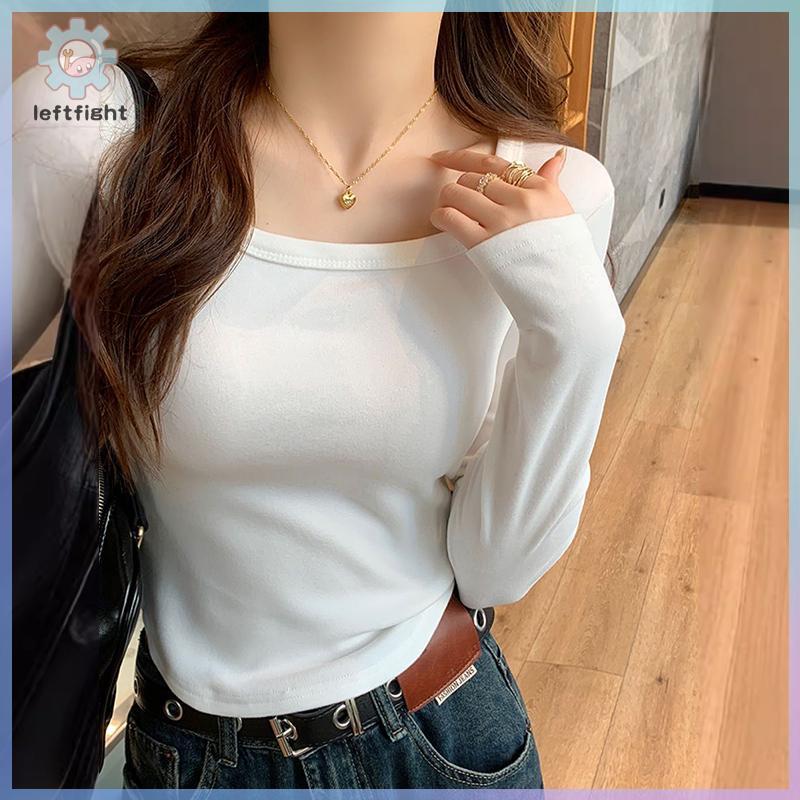 เสื้อยืดผู้หญิง แขนยาว คอปกทรงสแควร์ แบบเรียบหรู GHT