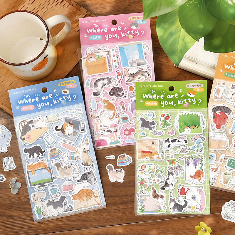 ไดลี่|2 แผ่น Into Tree รูปแบบกระดาษสติกเกอร์ตกแต่ง Where is Cat Cat สติกเกอร์การ์ตูนน่ารักคู่มือ DIY ตกแต่ง Collage คู่มือสติกเกอร์