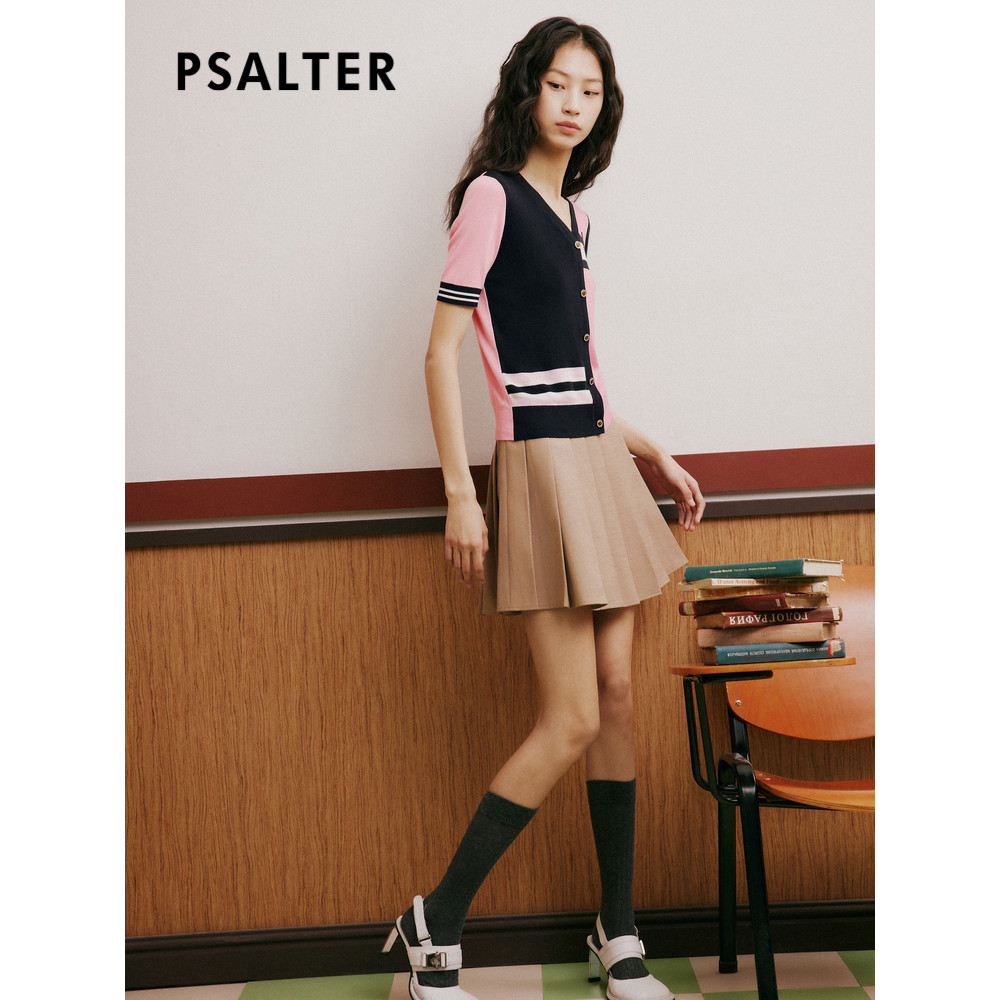 เสื้อผู้หญิง Psalm ฤดูร้อน 2023 ดีไซน์คอนทราสน์สี คอไม่สมมาตร สไตล์พรี้ปปี้ แขนสั้น ลายเหมือนเส้นขนส