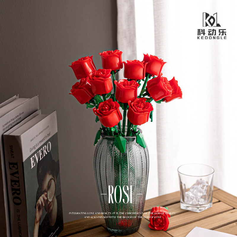 FLOWER BLOCK ROSE RED ROSE FAKE FLOWER DECORTATIONS FLOWER SET Rose anjell อิฐของเล่นของขวัญอนุภาคขน