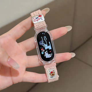 ลูกอม สีน่ารักหมีทอสายไนลอนกรณีสําหรับ เสี่ยวหมี่ For Xiaomi Mi band 10 9 8 สาวน่ารักเปลี่ยนวงสําหรับ For Mi band 7 6 5 4 3 กีฬาวงปก