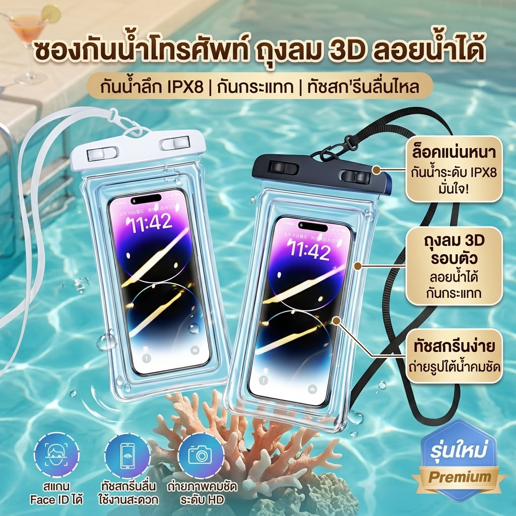 ซองโทรศัพท์มือถือกันน้ำ100% ขอบลมนิรภัย ล็อค2ชั้น ทัชสกรีนได้ ระดับIPX8 สายคล้องคอ กันกระแทก กระเป๋ากันน้ำ เคส สงกรานต์
