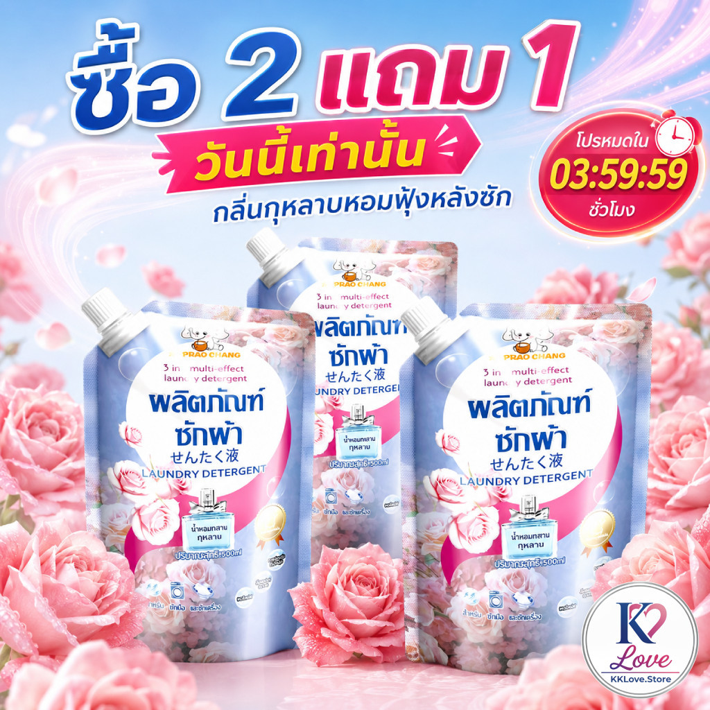 น้ำยาซักผ้าถุงเติม กลิ่นกุหลาบโรแมนติก 3 in 1 ซักสะอาด