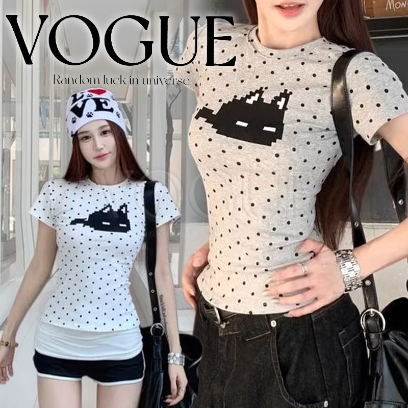 Vogue🌟พร้อมส่ง🌟 เสื้อยืดสาวสวยคอกลม น้องแมวลายจุดสุดน่ารัก ผ้ายืดหยุ่นสไตล์เกาหลีเรียบง่ายใส่ได้ทุกวัน  (FYP117)