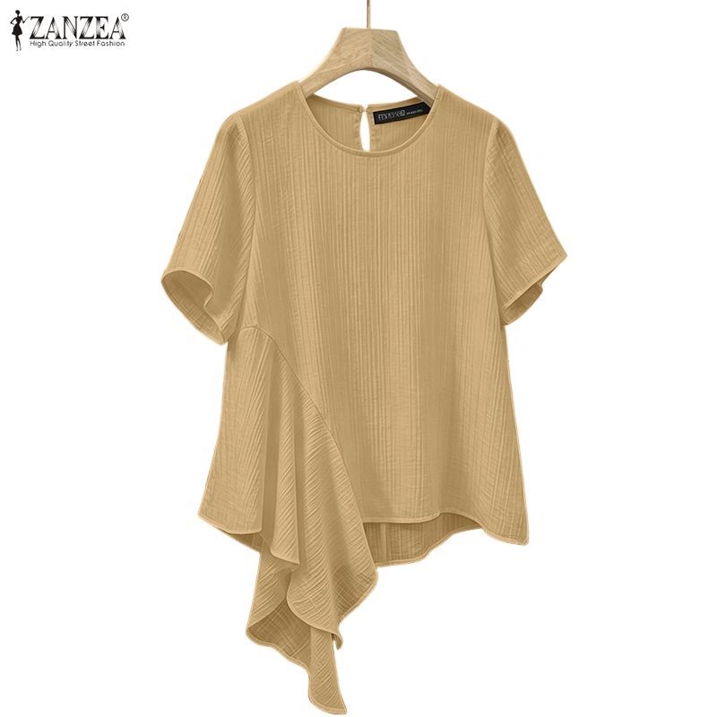 Zanzea ผู้หญิงเกาหลีลําลองไม่สม่ําเสมอ Hem หลวมรอบคอเสื้อแขนสั้น — صورة 6