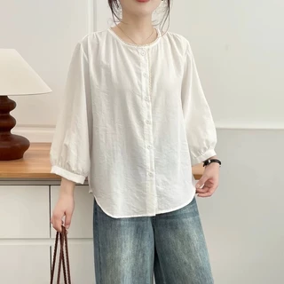 Red Berry เสื้อเบลาส์แขนสามส่วนแต่งลูกไม้สไตล์เกาหลีสำหรับผู้หญิง ระบายอากาศได้ดี W747