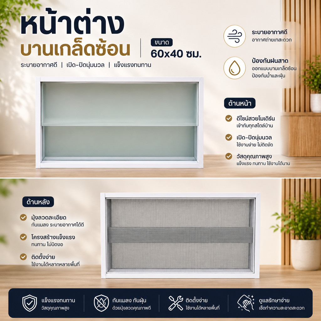 หน้าต่างบานเกล็ดซ้อน ขนาด 60x40 ซม. หน้าต่างระบายอากาศสำเร็จรูป (มีมุ้ง) พร้อมส่ง