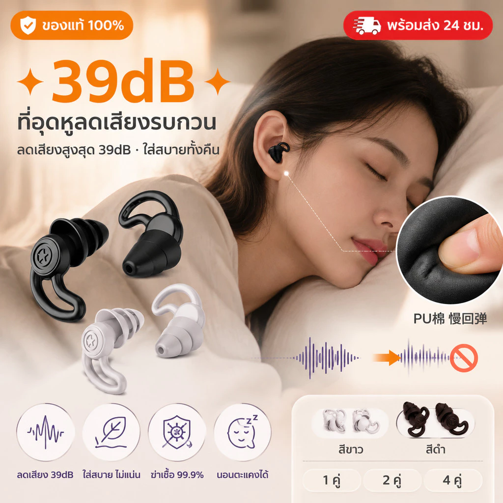 Earplugs ลดเสียง นุ่มใส่สบาย ที่อุดหู ที่อุดหูตอนนอน ที่อุดหูกันดัง เอียปลั๊กอุดหู อุดหูกันเสียง เอียร์ปลั๊ 2-in-1