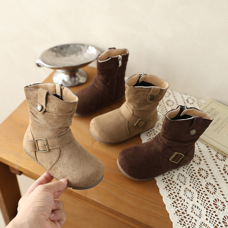 2026 Retro สาวข้อเท้ารองเท้าสีทึบ Suede เด็ก Causal รองเท้ารอบ toe ลื่นกลางแจ้งเด็กรองแบนซิปด้านข้าง