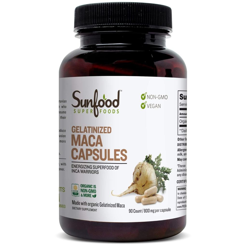 Sunfood Superfoods Gelatinized Maca Capsules - Maca Root Capsules for Women & Men, อาหารเสริม, เม็ดผ