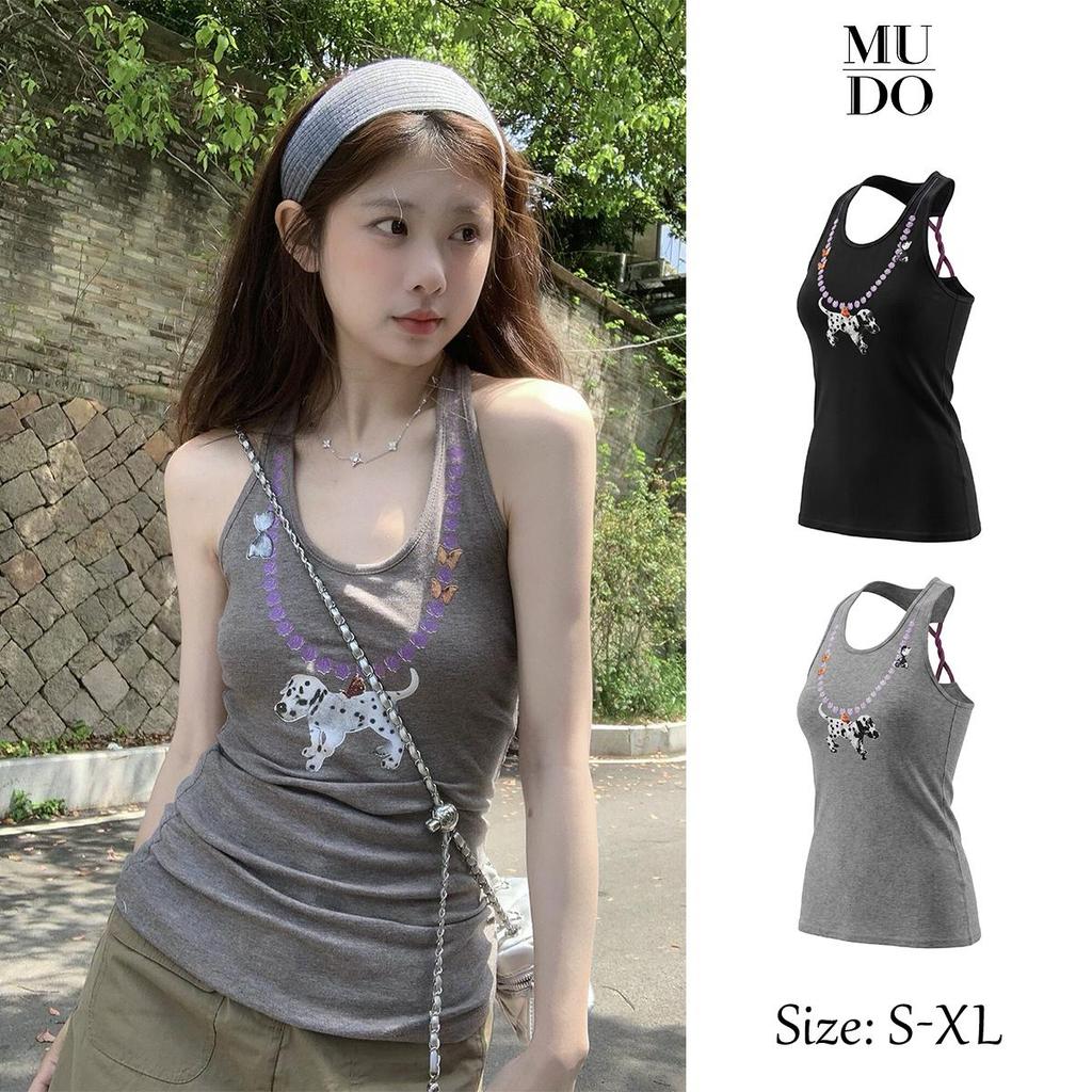 MUDO เสื้อกล้ามลายพิมพ์สายไขว้หลัง สไตล์เกาหลีหวานเซ็กซี่น่ารัก กระชับรูปดูผอม ยืดหยุ่นสูงใส่สบาย #1031