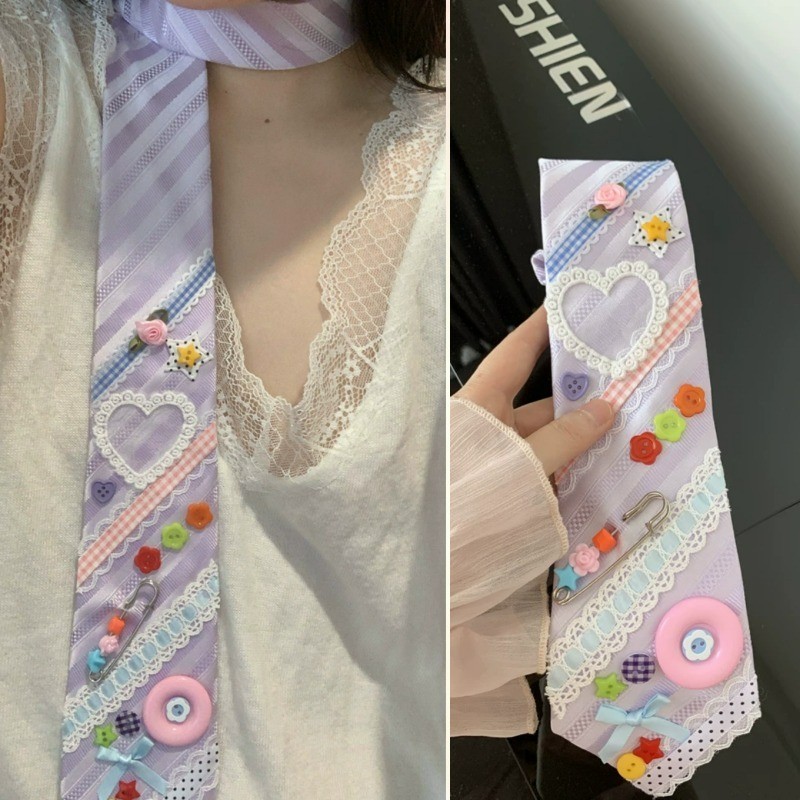 Handmade Remake Slender Hand-tied Tie สําหรับผู้หญิงเข็มขัดมัลติฟังก์ชั่น Dopamine ปุ่มผ้าพันคออุปกรณ์เสริม